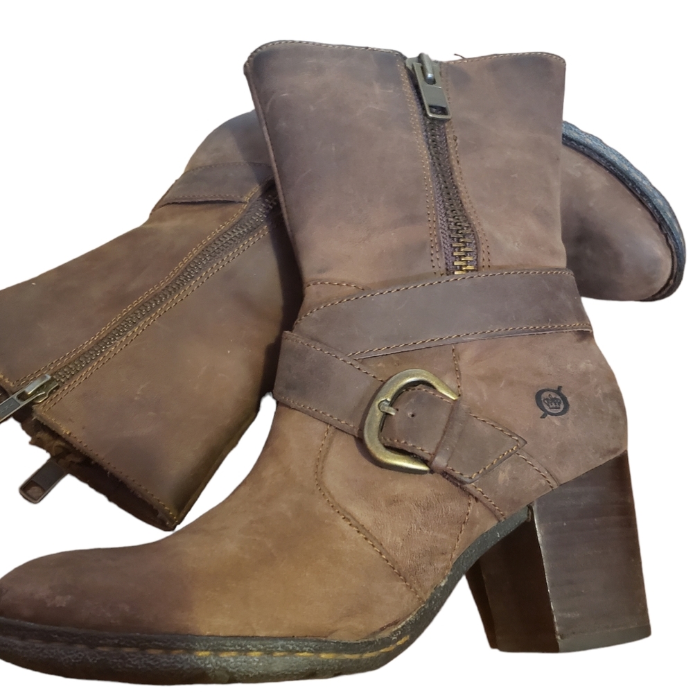 Born women's brown mid-calf leather heeled boots size 6.5